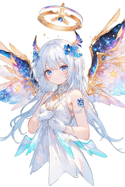  ((best quality)), ((masterpiece)),((ultra-detailed)), (illustration), (detailed light), (an extremely delicate and beautiful),
((solo)),((upper body)),
(((a beautiful girl))),((small_breasts)),((looking at viewer)),
(galaxy adorns colorful wings),(((starry_wings,galaxy wings):1.5)),(Glowing line tattoos),
(white skirt),(white dress),(Glowing halo),
(beautiful eyes),white hair,
((white background:1.7)),