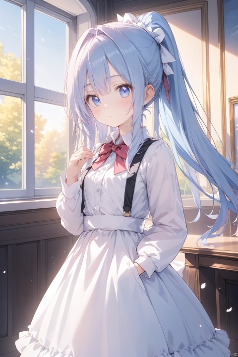 (best quality), ((masterpiece)), (highres),standing,original, extremely detailed wallpaper, (an extremely delicate and beautiful),(loli),(petite),blue hair,pink eyes, (white Jacket),high ponytail,white collared shirt,hair flower,fipped hair,floating hair,Frown,hands in pockets,black dress,red bowtie,(solo),