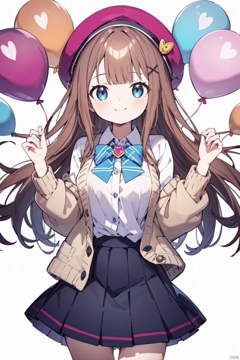best quality, amazing quality, very aesthetic,long hair, 1girl, suzuhara_lulu, virtual_youtuber, solo, balloon, cardigan, hat, pink_cardigan, blue_eyes, looking_at_viewer, brown_hair, skirt, hair_ornament, x_hair_ornament, bow, jewelry, striped, shirt, blush, brooch, striped_skirt, beret, frills, vertical_stripes, medium_hair, vertical-striped_skirt, bangs, white_shirt, bowtie, wind, closed_mouth, hairclip, breasts, smile, long_sleeves, 30710