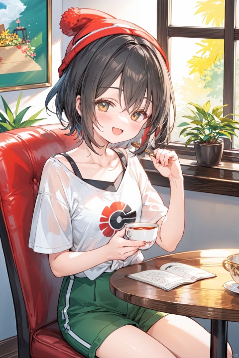 1girl, blush, smile, short hair, open mouth, bangs, shirt, black hair, hat, holding, sitting, collarbone, closed eyes, short sleeves, :d, food, shorts, day, indoors, blurry, cup, book, short shorts, eyelashes, pokemon \(creature\), window, swept bangs, chair, floral print, table, plant, t-shirt, red headwear, plate, teacup, yellow shirt, spoon, beanie, potted plant, tied shirt, photo \(object\), saucer, green shorts, picture frame, picture \(object\), wooden table, wooden chair, selene \(pokemon\), rowlet