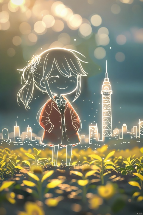 loli,petite,long hair, red Jacket,high ponytail,collared shirt,hair flower,fipped hair,floating hair,Frown,hands in pockets,dress,bowtie,(solo),sky, skyline, skyscraper, smile, solo, sunflower, tower-line art,flower-line art