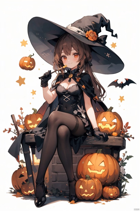 1girl, basket, bat, bat_wings, black_headwear, boar, breasts, broom, broom_riding, brown_hair, brown_legwear, candle, candy, candy_cane, cape, cat, chomusuke, cleavage, creature, crossed_legs, dog, dress, emoji, fang, flower, food, food-themed_hair_ornament, ghost, ghost_costume, gloves, halloween, halloween_bucket, halloween_costume, happy_halloween, hat, hat_flower, holding_vegetable, jack-o'-lantern, lantern, lollipop, long_hair, looking_at_viewer, manjuu_\(azur_lane\), mimikyu, orange_flower, orange_leotard, pantyhose, pumpkin, pumpkin_hair_ornament, pumpkin_hat, red_eyes, shiba_inu, simple_background, sitting, smile, solo, spider_web_print, swirl_lollipop, tombstone, trick_or_treat, vampire_costume, vegetable, white_background, witch, witch_hat