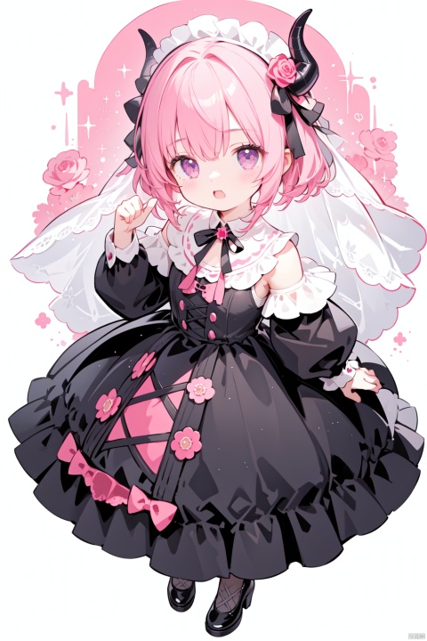 1girl, frankenstein's_monster_\(fate\), single_horn, mechanical_horns, horns, hair_over_eyes, solo, dress, pointing, black_dress, open_mouth, hand_on_hip, covered_eyes, short_hair, pointing_up, pink_hair, ribbon, black_footwear, frills, flower, facing_viewer, from_above, full_body, veil, high_heels, long_sleeves, bangs, neck_ribbon, frilled_dress, pink_flower, standing, black_ribbon, rose, arm_up