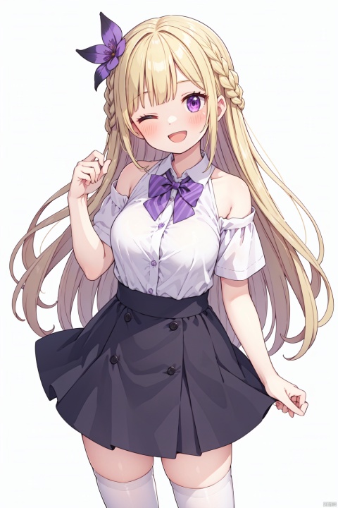 1girl, skirt, long_hair, thighhighs, one_eye_closed, animal_on_shoulder, solo, hair_flower, flower, shirt, hair_ornament, bird_on_shoulder, purple_eyes, smile, blonde_hair, white_thighhighs, open_mouth, white_shirt, white_background, pleated_skirt, short_sleeves, ;d, purple_skirt, bird, very_long_hair, simple_background, looking_at_viewer, bow, blush, braid, zettai_ryouiki, bangs, purple_bow, bowtie, breasts, collared_shirt, purple_ribbon, animal, cowboy_shot, purple_bowtie