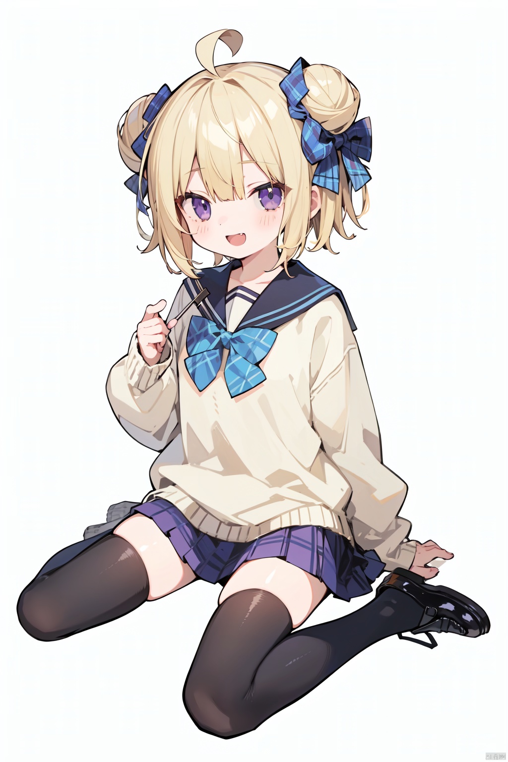 best quality, amazing quality, very aesthetic, absurdres,1girl, solo, one_eye_closed, skirt, thighhighs, double_bun, open_mouth, smile, ;d, blonde_hair, white_thighhighs, purple_eyes, bow, plaid, no_shoes, hair_bun, school_uniform, white_background, ahoge, pleated_skirt, simple_background, looking_at_viewer, plaid_skirt, blue_skirt, blush, bowtie, blue_bow, hair_bow, holding, sweater, serafuku, yellow_sweater, sitting, long_sleeves, sailor_collar, short_hair, full_body, bangs