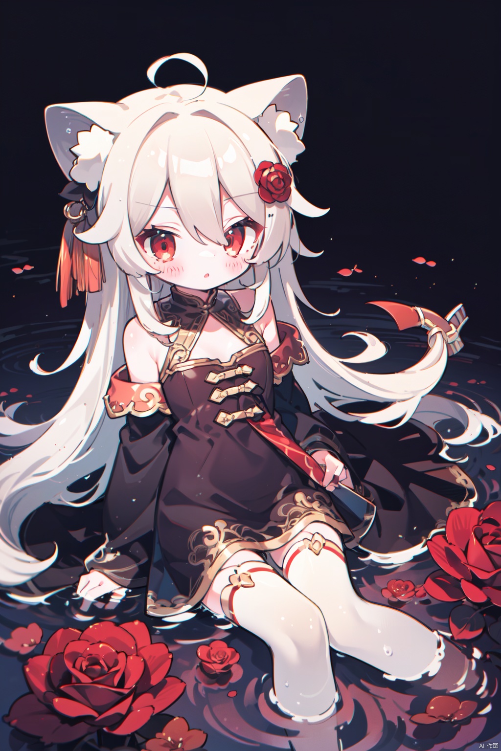  best quality, amazing quality, very aesthetic,petite,loli,1girl, solo, animal_ears, dress, red_eyes, thighhighs, rose, long_hair, looking_at_viewer, black_dress, white_hair, flower, lion_ears, hair_ornament, tail, breasts, hair_between_eyes, red_rose, long_sleeves, choker, bangs, bow, animal_ear_fluff, red_flower, blush, water, partially_submerged, virtual_youtuber, lying, (\shen ming shao nv\)