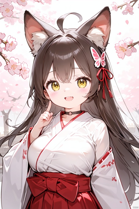  1girl, japanese_clothes, virtual_youtuber, butterfly_hair_ornament, animal_ears, long_hair, solo, fox_ears, ahoge, brown_hair, obi, hakama, red_choker, kimono, hair_ornament, sash, choker, blush, lace-trimmed_sleeves, hakama_skirt, red_hakama, yellow_eyes, white_kimono, breasts, open_mouth, looking_at_viewer, cherry_blossom_print, upper_body, long_sleeves, wide_sleeves, large_breasts, sidelocks, miko, skirt, fox_girl, lace_trim, bangs, hair_between_eyes, red_ribbon, obijime, index_finger_raised, ribbon, smile