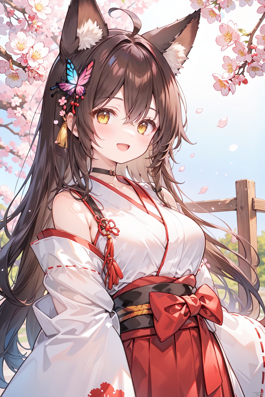 1girl, japanese_clothes, virtual_youtuber, butterfly_hair_ornament, animal_ears, long_hair, solo, fox_ears, ahoge, brown_hair, obi, hakama, red_choker, kimono, hair_ornament, sash, choker, blush, lace-trimmed_sleeves, hakama_skirt, red_hakama, yellow_eyes, white_kimono, breasts, open_mouth, looking_at_viewer, cherry_blossom_print, upper_body, long_sleeves, wide_sleeves, large_breasts, sidelocks, miko, skirt, fox_girl, lace_trim, bangs, hair_between_eyes, red_ribbon, obijime, index_finger_raised, ribbon, smile