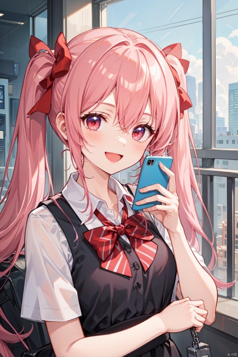 best quality, amazing quality, very aesthetic, absurdres,1girl, solo, phone, pink_hair, long_hair, holding, smile, shirt, open_mouth, red_eyes, upper_body, bangs, holding_phone, red_bow, cellphone, twintails, looking_at_viewer, short_sleeves, bow, hair_between_eyes, blush, collared_shirt, :d, low_twintails, shiny_hair, bowtie, flip_phone, school_uniform, fence, finger_to_mouth, red_bowtie, shiny, hair_bow, chain-link_fence