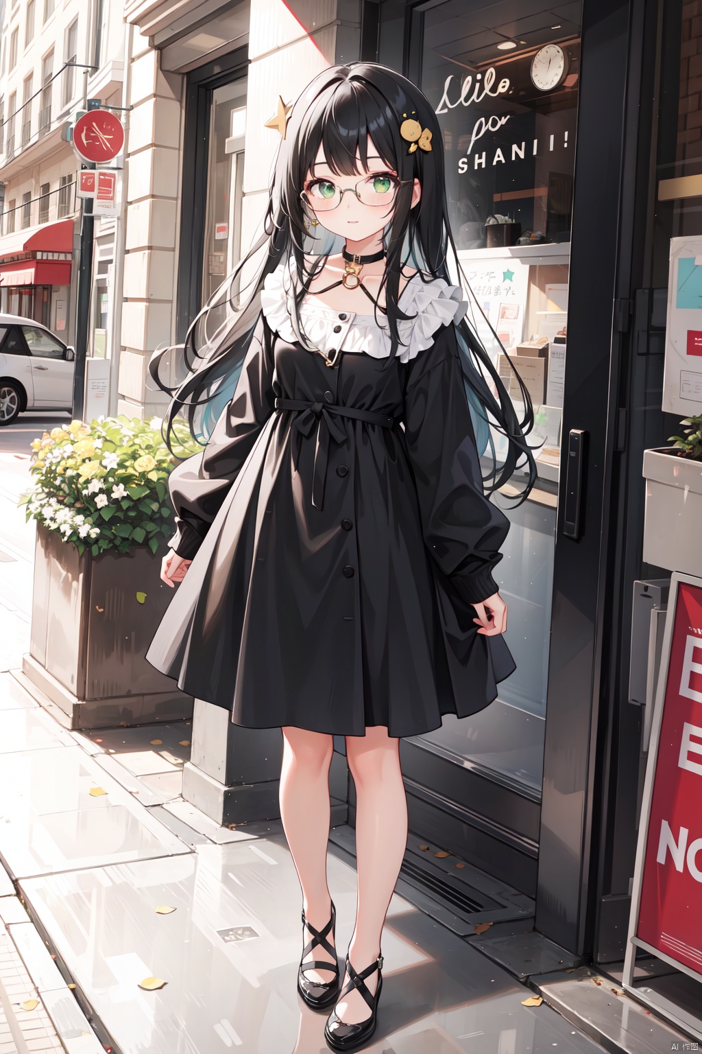 1girl, bangs, black_hair, dress, full_body, glasses, green_eyes, hair_ornament, long_hair, looking_at_viewer, solo