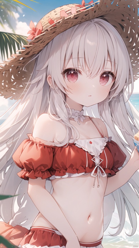  clara (honkai: star rail), 1girl, solo, breasts, bare shoulders, bikini, brown headwear, cleavage, commentary, day, detached sleeves, food, frilled bikini, frills, grey hair, hair between eyes, hat, holding, holding food, honkai: star rail, honkai (series), ice cream, long hair, outdoors, parted lips, plant, puffy short sleeves, puffy sleeves, red bikini, red eyes, red sleeves, shirogane hina, short sleeves, small breasts, strapless, strapless bikini, straw hat, swimsuit, symbol-only commentary, very long hair