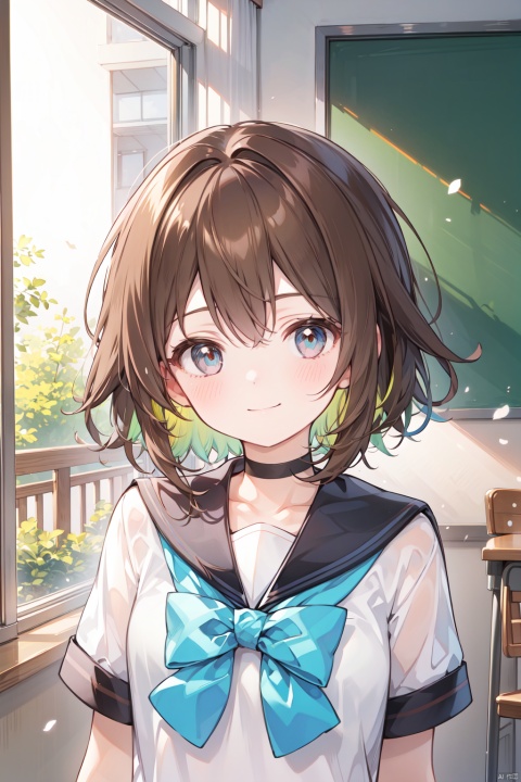 best quality, amazing quality, very aesthetic, absurdres,1girl, solo, short_sleeves, school_uniform, upper_body, shirt, sailor_collar, short_hair, serafuku, smile, arm_up, bow, white_shirt, brown_hair, blush, looking_at_viewer, closed_mouth, green_bow, bangs, multicolored_eyes, bowtie, blue_sailor_collar, sky, hand_in_own_hair