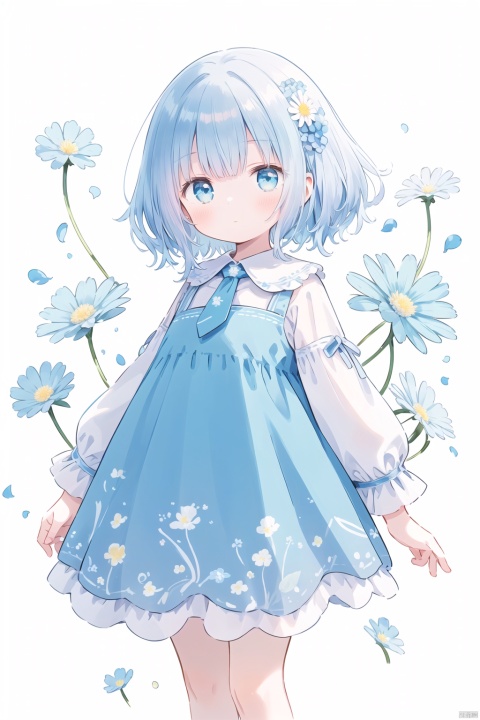 ((artist:nano))blue theme,Tie dyeing,A girl holding a dandelion flower, wearing a blue dress with white dots and yellow flowers on it, blowing away small petals in the style of light skyblue and pale aquamarine illustrations, a simple line drawing reminiscent of children's book illustrations and storybook art, with colorful cartooning and playful character design