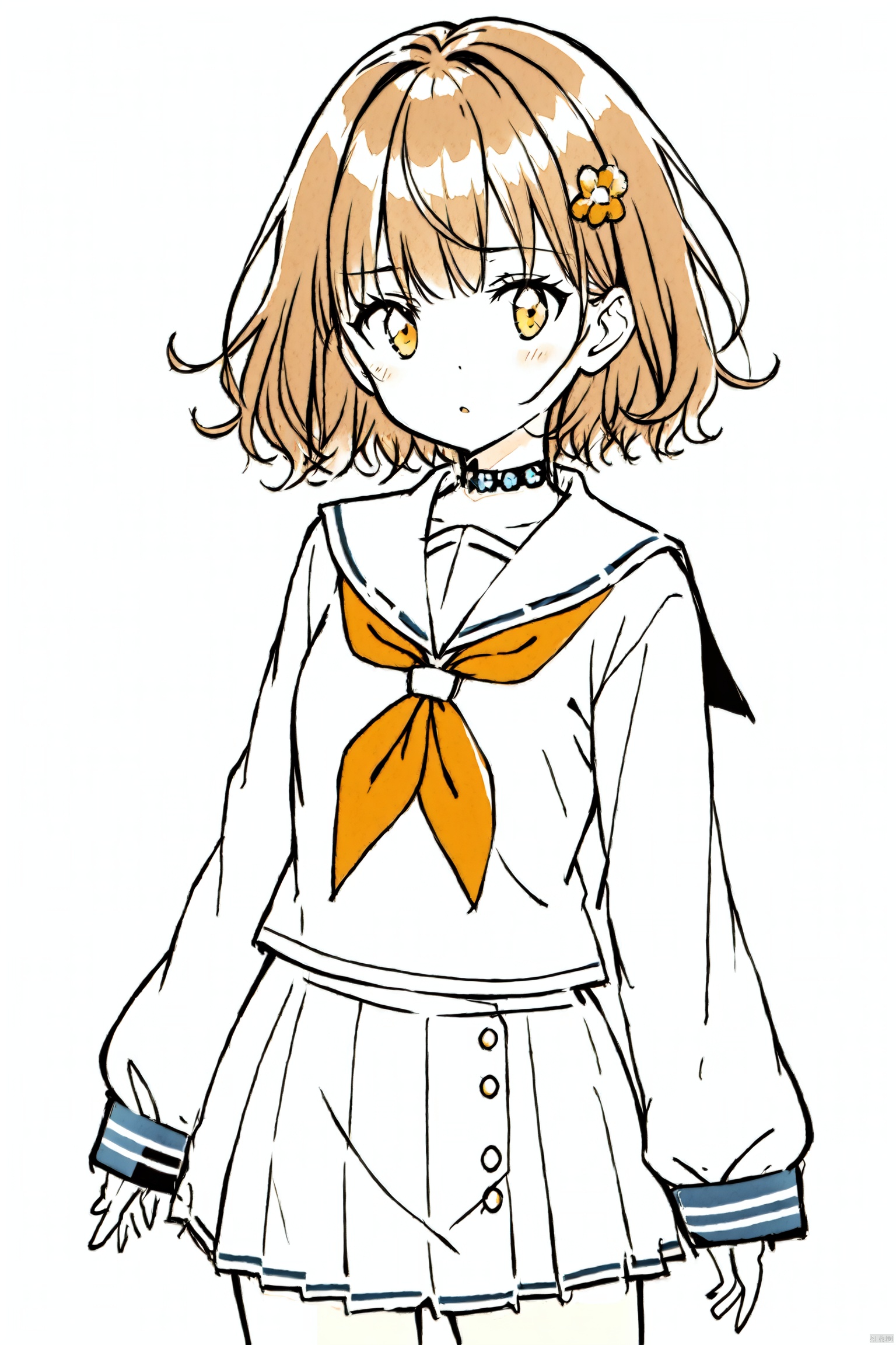  solo, 1girl, sleeves past wrists, school uniform, sleeves past fingers, skirt, simple background, bangs, hair ornament, serafuku, white background, short hair, parted lips, pleated skirt, long sleeves, muted color, neckerchief, brown hair, sailor collar, black skirt, blunt bangs, cowboy shot, orange eyes, black sailor collar, looking at viewer, LineArt