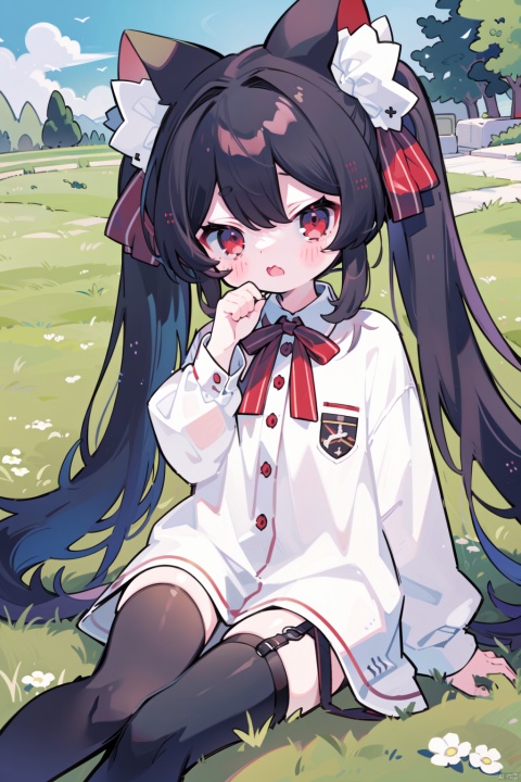  best quality, amazing quality, very aesthetic, absurdres,1girl, animal_ears, bangs, black_hair, black_legwear, blush, bow, breasts, dress, grass, hair_ribbon, hand_up, long_hair, long_sleeves, looking_at_viewer, on_grass, on_ground, open_mouth, outdoors, plant, red_bow, red_eyes, ribbon, shirt, sitting, solo, thigh_strap, thighhighs, twintails, very_long_hair, white_shirt