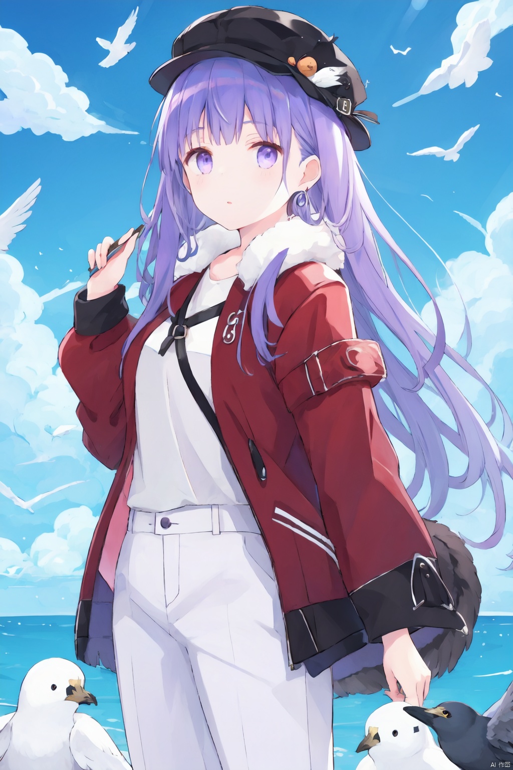 1girl, animal, bird, bird_on_shoulder, black_feathers, black_headwear, blue_sky, breasts, crow, day, dove, eagle, earrings, feathered_wings, feathers, flock, fur_collar, fur_trim, hat, jacket, long_hair, looking_at_viewer, medusa_\(fate\), outdoors, pants, pigeon, purple_eyes, purple_hair, red_jacket, seagull, sky, very_long_hair, white_feathers, white_pants
