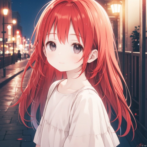  A petite, young girl with long red hair and a white dress walks on the gray street under the glow of the street lamps. As she looks up at the camera, her gaze reflects the light, creating a gentle glow that captivates the audience.