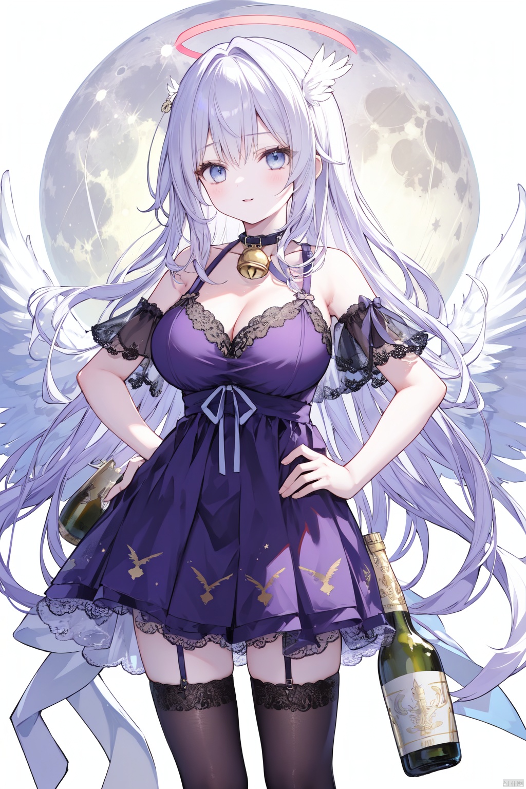 1girl, alcohol, angel, angel_wings, bell, black_legwear, blue_eyes, blue_wings, bottle, breasts, choker, cleavage, dress, feathered_wings, feathers, full_moon, halo, hand_on_hip, holding, holding_bottle, kishin_sagume, large_breasts, long_hair, looking_at_viewer, mini_wings, moon, multiple_wings, neck_bell, parted_lips, purple_dress, ribbon, silver_hair, single_wing, solo, thighhighs, very_long_hair, white_feathers, white_wings, wings