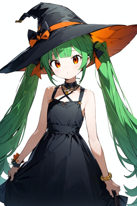 1girl, long hair, hat, dress, cat, black dress, solo, very long hair, green hair, jewelry, animal, white background, holding, looking at viewer, witch hat, sleeveless, holding animal, black headwear, simple background, twintails, bangs, holding cat, bracelet, closed mouth, orange eyes, witch, sleeveless dress, hair ornament, necklace, artist name, signature, bow, standing, bare shoulders, orange ribbon