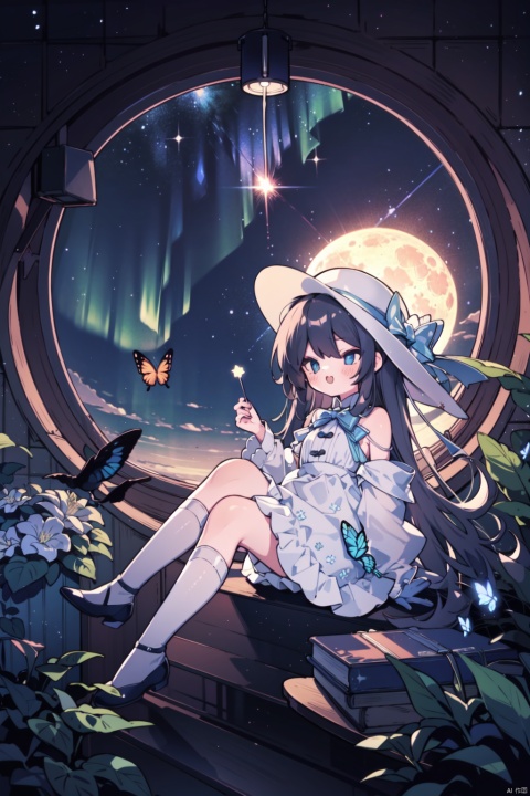 1boy, 1girl, aerial_fireworks, animal, aurora, bare_shoulders, bird, black_legwear, blue_butterfly, bow, bug, butterfly, cloud, constellation, crescent_moon, dress, earth_\(planet\), fireflies, fireworks, flower, full_moon, galaxy, globe, gloves, glowing_butterfly, hat, kneehighs, light_particles, long_hair, long_sleeves, milky_way, moon, moonlight, night, night_sky, planet, roman_numeral, round_window, shoes, shooting_star, sitting, sky, smile, snowing, space, space_craft, star_\(sky\), star_\(symbol\), starry_sky, starry_sky_print, telescope, white_butterfly, window