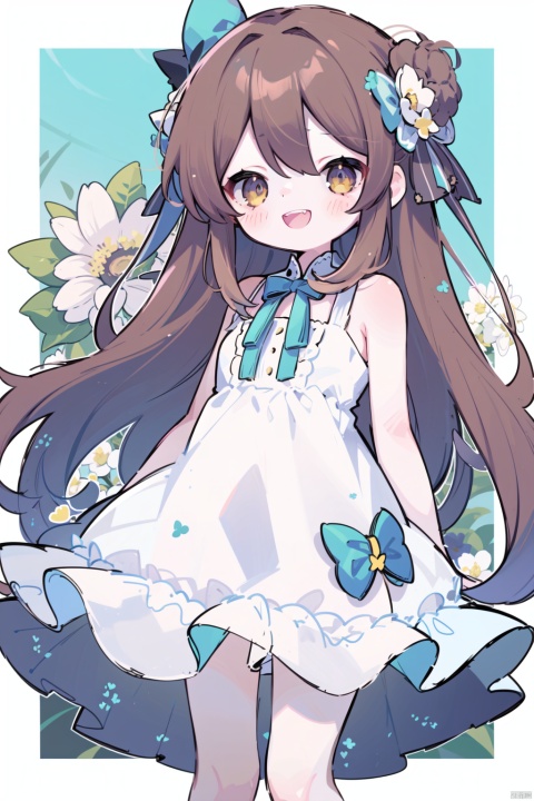 1girl, :d, bare_arms, bare_legs, bare_shoulders, blue_bow, blue_flower, brown_eyes, brown_hair, dress, flower, long_hair, open_mouth, pink_flower, smile, solo, white_dress, yellow_flower