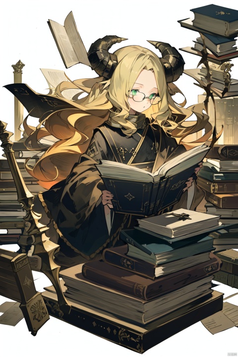 1girl, book, book_stack, bookmark, fire, floating_book, glasses, green_eyes, holding_book, horns, long_hair, open_book, paper, quill, reading, simple_background, solo, white_background, wide_sleeves