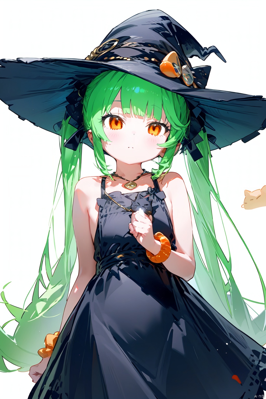 1girl, long hair, hat, dress, cat, black dress, solo, very long hair, green hair, jewelry, animal, white background, holding, looking at viewer, witch hat, sleeveless, holding animal, black headwear, simple background, twintails, bangs, holding cat, bracelet, closed mouth, orange eyes, witch, sleeveless dress, hair ornament, necklace, artist name, signature, bow, standing, bare shoulders, orange ribbon