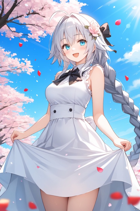 1girl, :d, bangs, bare_arms, bare_shoulders, black_bow, black_ribbon, blue_eyes, braid, breasts, cherry_blossoms, clothes_lift, confetti, cover, cover_page, doujin_cover, dress, eyebrows_visible_through_hair, falling_leaves, falling_petals, flower, hanami, jeanne_d'arc_\(fate\), jeanne_d'arc_\(fate/apocrypha\), leaves_in_wind, long_hair, looking_at_viewer, open_mouth, petals, petals_on_liquid, rose_petals, single_braid, skirt_basket, skirt_hold, sleeveless, smile, solo, spring_\(season\), very_long_hair, white_dress, wind
