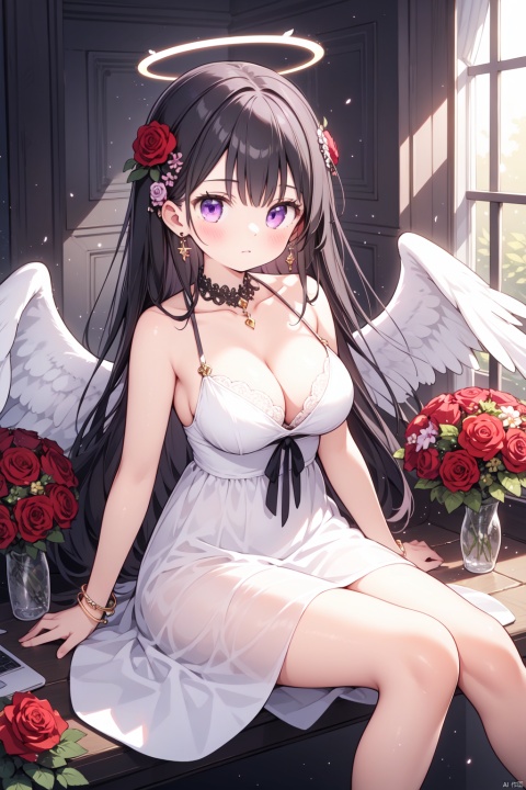 1girl, angel, angel_wings, anklet, bird, black_hair, black_wings, bouquet, breasts, candle, cleavage, dove, dress, feathered_wings, feathers, flower, hair_ornament, halo, high_heels, jewelry, male_focus, pink_rose, purple_eyes, red_flower, red_rose, rose, single_wing, sitting, solo, vase, white_feathers, white_wings, wings