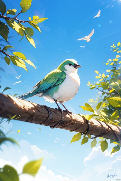 no_humans, bird, signature, blurry, blue_sky, sky, outdoors, scenery, depth_of_field, leaf, day, blurry_foreground, branch