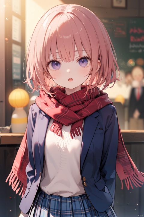  nai3, 1girl, solo, purple eyes, scarf, looking at viewer, red hair, jacket, plaid, open mouth, gift, blurry background, blush, red scarf, skirt, blurry, :o, bangs, arms behind back, school uniform, blazer, blue jacket, long sleeves, black jacket, plaid scarf, gift box, short hair, depth of field, plaid skirt