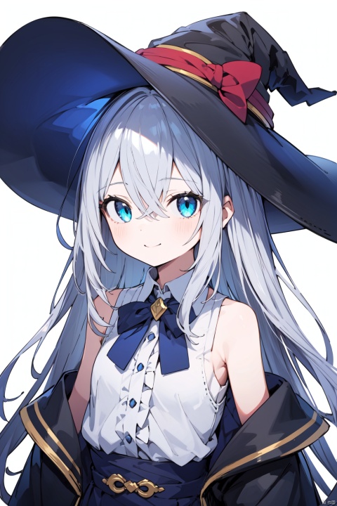 best quality, amazing quality, very aesthetic, absurdres,1girl, elaina_\(majo_no_tabitabi\), solo, hat, shirt, long_hair, witch_hat, white_shirt, smile, sleeveless_shirt, sleeveless, looking_at_viewer, collared_shirt, bare_shoulders, black_headwear, bangs, off_shoulder, blue_eyes, blush, upper_body, white_background, closed_mouth, neck_ribbon, frills, center_frills, bow, ribbon, simple_background, hair_between_eyes, open_clothes, jacket, robe, long_sleeves, bowtie