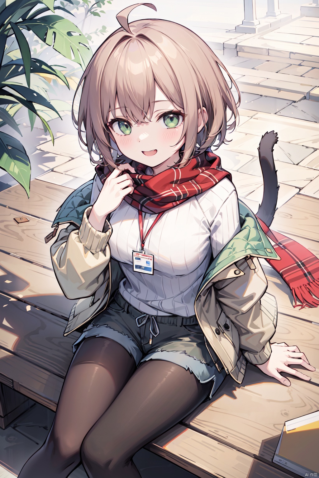best quality, amazing quality, very aesthetic, absurdres,1girl, sweater, shorts, pantyhose, cat, short_hair, plaid_scarf, scarf, breasts, solo, looking_at_viewer, sitting, open_mouth, animal, petting, bangs, ahoge, black_pantyhose, jacket, medium_breasts, white_sweater, red_scarf, arm_support, lanyard, smile, brown_hair, legwear_under_shorts, ribbed_sweater, plaid, long_sleeves, short_shorts, open_clothes, id_card, green_eyes, brown_shorts, teeth, open_jacket, from_above, grey_shorts, plaid_jacket, leaf