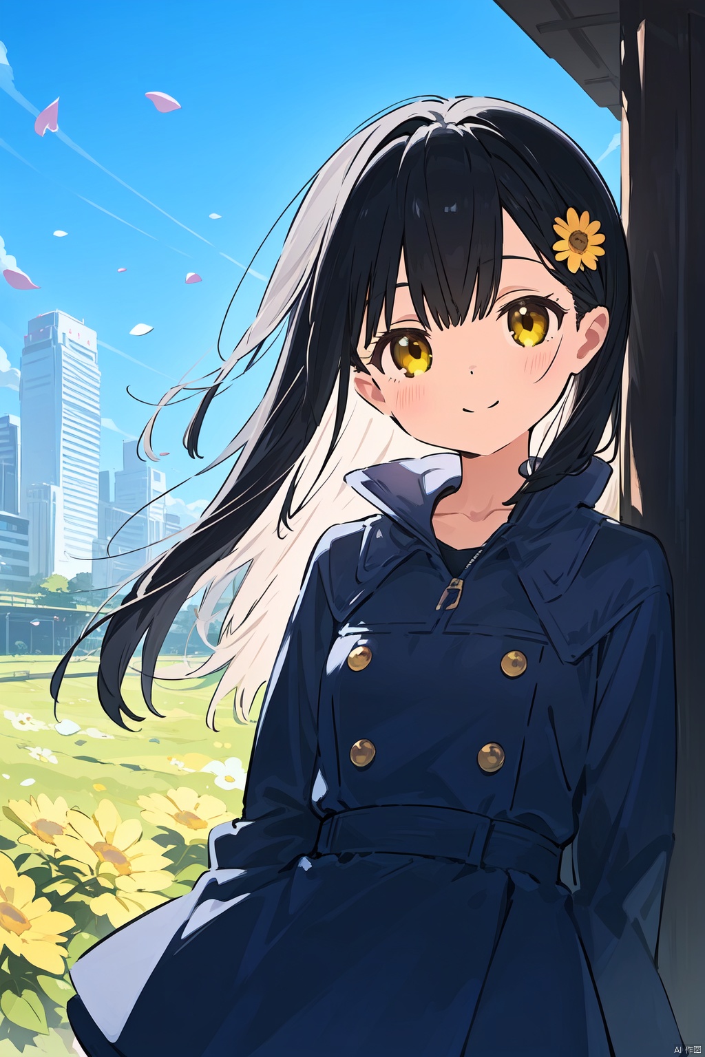 1girl, architecture, bangs, black_hair, blue_sky, blush, bouquet, breasts, building, castle, cherry_blossoms, city, cityscape, cloud, cloudy_sky, collarbone, confetti, daisy, day, falling_petals, fence, ferris_wheel, field, flower, flower_field, hair_ornament, hairclip, holding, holding_flower, house, jacket, leaves_in_wind, long_hair, long_sleeves, looking_at_viewer, open_clothes, open_jacket, outdoors, petals, rose_petals, sky, skyline, skyscraper, smile, solo, sunflower, tower, upper_body, wind, windmill, yellow_flower