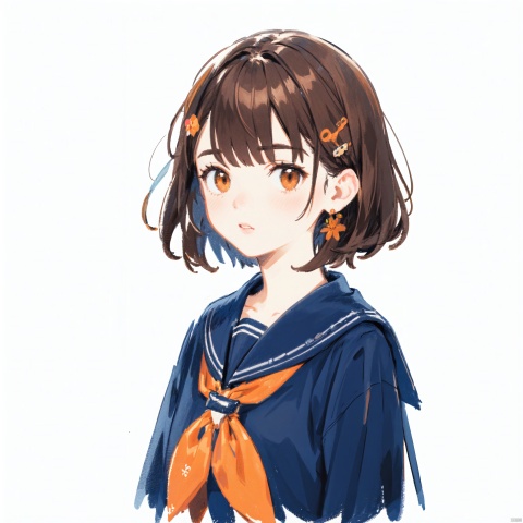  solo, 1girl,simple background, bangs, hair ornament, serafuku,short hair, parted lips,muted color, neckerchief, brown hair,blunt bangs,orange eyes, black sailor collar, looking at viewer,city