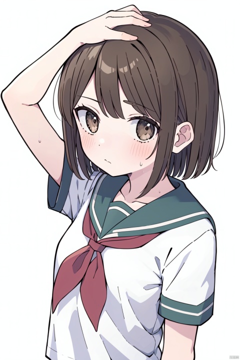 1girl, arm_up, bangs, blush, brown_eyes, brown_hair, closed_mouth, looking_at_viewer, neckerchief, red_neckerchief, sailor_collar, school_uniform, serafuku, shirt, short_hair, short_sleeves, simple_background, solo, sweat, upper_body, white_background, white_shirt