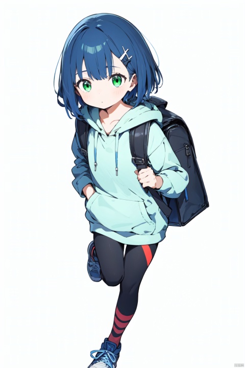 1girl, backpack, bag, black_bag, blue_hair, cross-laced_footwear, full_body, green_eyes, hair_ornament, hairclip, holding_strap, hood, hoodie, ichigo_\(darling_in_the_franxx\), leggings, shoes, short_hair, signature, simple_background, sneakers, solo, standing, standing_on_one_leg, white_background
