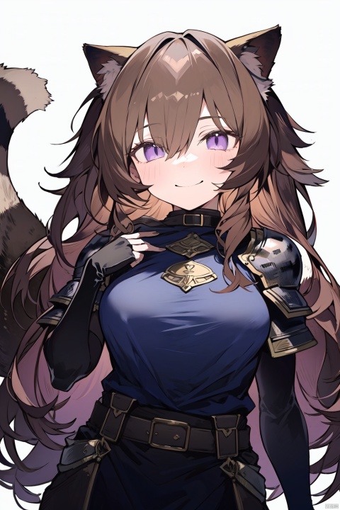 1girl, animal_ears, armor, bangs, belt, blush, breasts, brown_hair, eyebrows_visible_through_hair, gloves, hand_in_hair, long_hair, looking_at_viewer, purple_eyes, raccoon_ears, raccoon_girl, raccoon_tail, raphtalia, red_ribbon, shirt, simple_background, smile, solo, very_long_hair