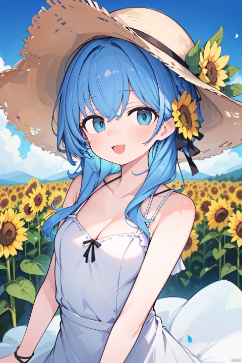 best quality, amazing quality, very aesthetic, absurdres,1girl, solo, flower, dress, blue_hair, sunflower, outdoors, hat, white_dress, blue_eyes, sky, breasts, cloud, straw_hat, open_mouth, smile, looking_at_viewer, cleavage, day, sleeveless_dress, sleeveless, medium_breasts, yellow_flower, bangs, field, petals, :d, blue_sky, blush, flower_field, bare_shoulders, medium_hair, sundress, hand_on_headwear, collarbone, blurry, cloudy_sky