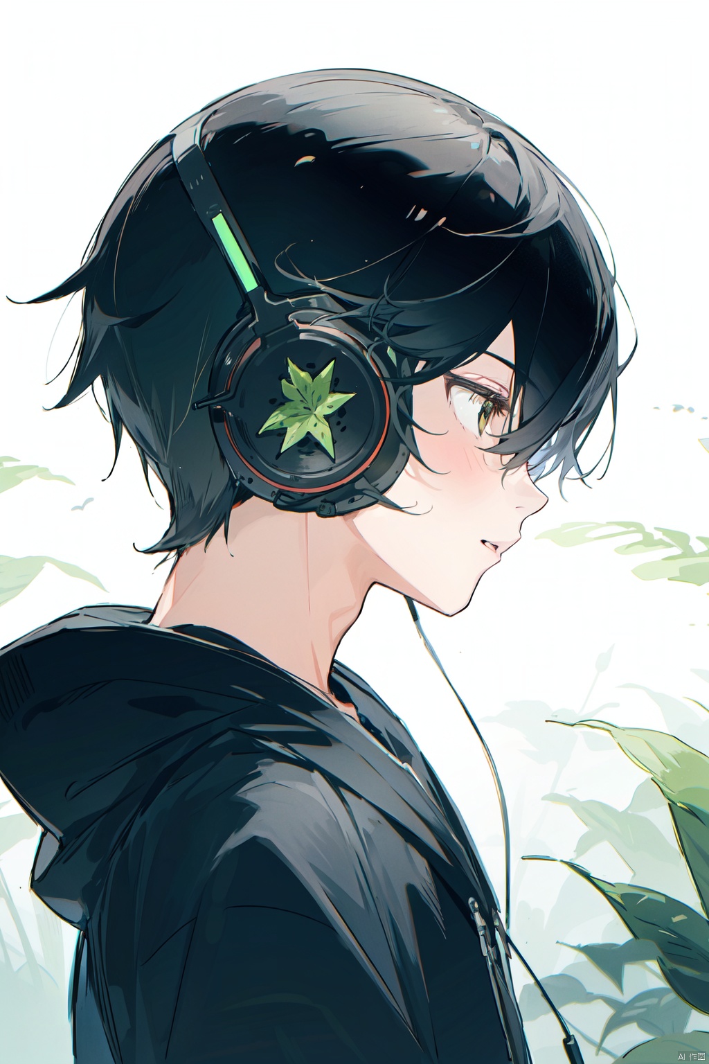 fish, solo, profile, headset, plant, leaf, headphones, male focus, 1boy, from side, short hair, hood, microphone, upper body