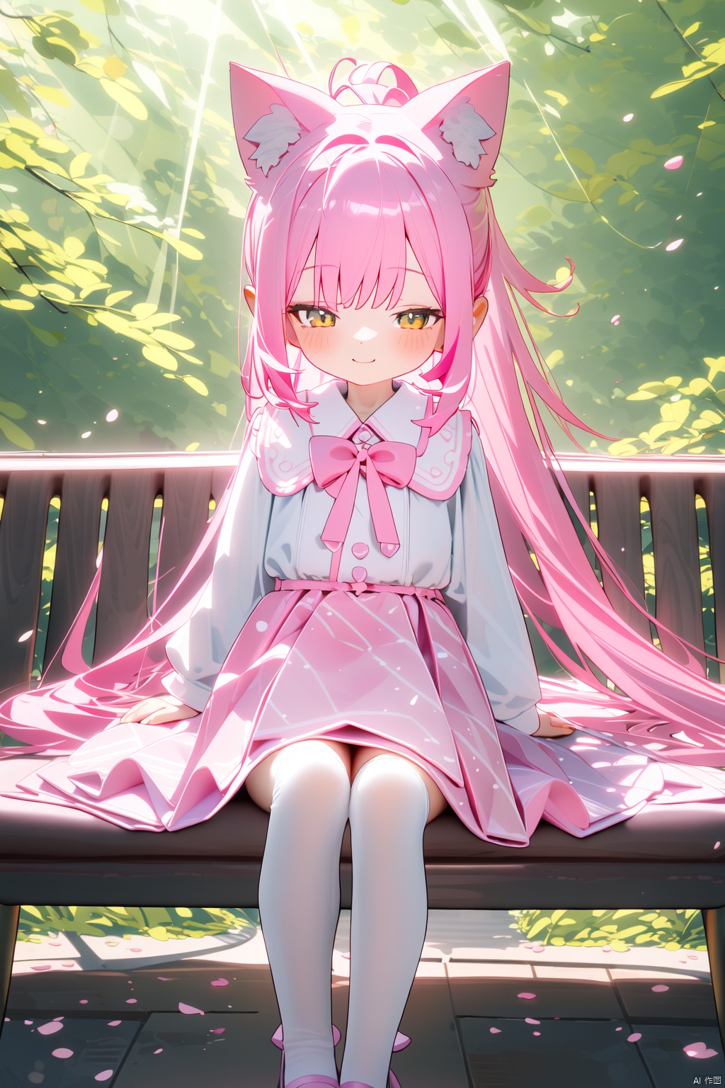 1girl, loli, solo, pink hair, long hair in ponytail, yellow eyes, cat ears, sitting, looking at viewer, full body, wearing white shirt with pink bow, pink skirt, pink and white striped thigh highs, pink cat tail swishing gently, pink haired cat girl, outdoor scene, sakura tree in bloom, pink petals falling, stone bench, rays of sunlight streaming through branches, rays lighting up hair and dress, detailed textures, lifelike fur on ears, soft expression, cute smile, Fine Hands, Beautiful Hands, Perfect Hands, Delicate Hands, Fine Line Drawing