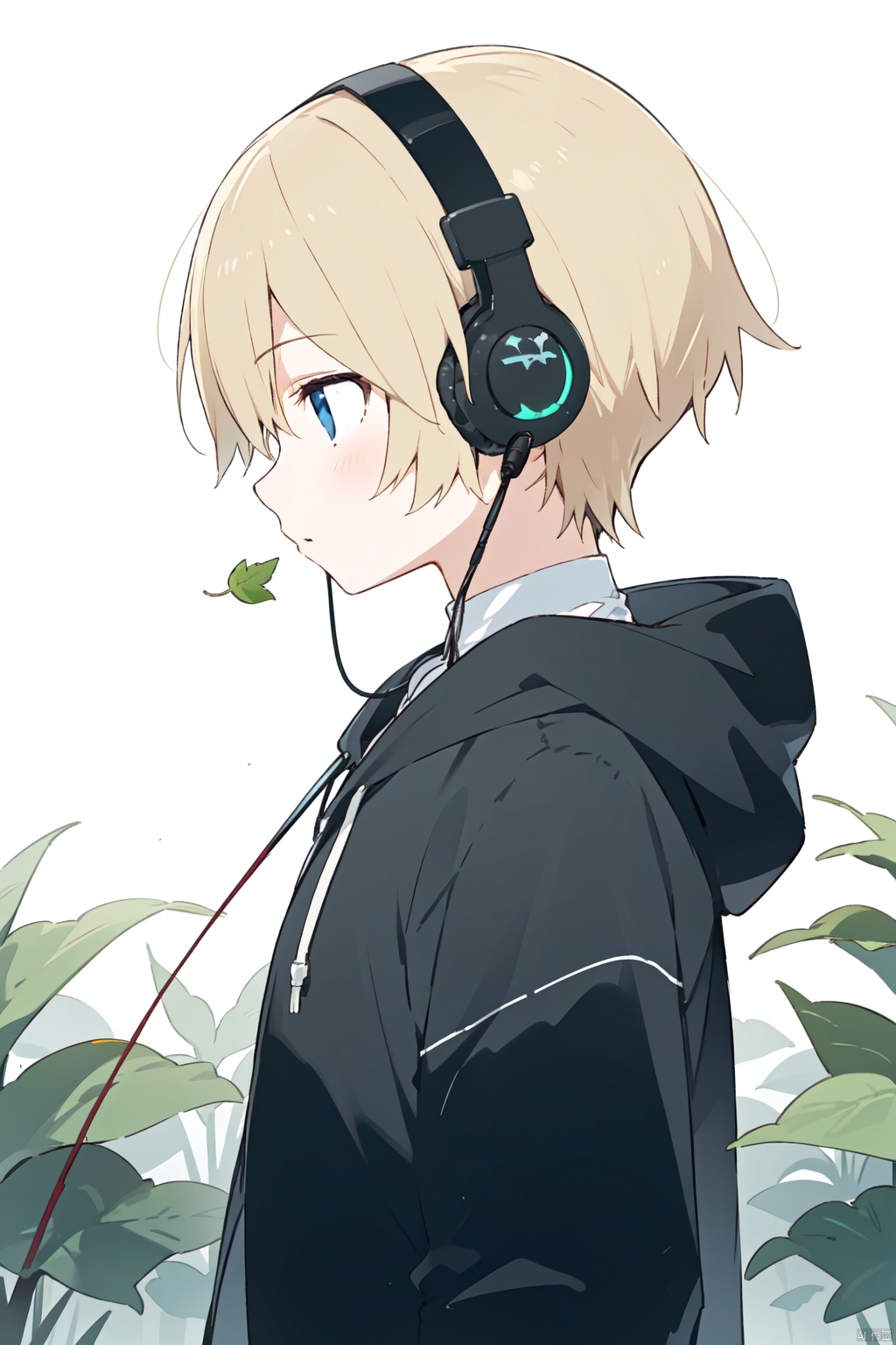 fish, solo, profile, headset, plant, leaf, headphones, male focus, 1boy, from side, short hair, hood, microphone, upper body