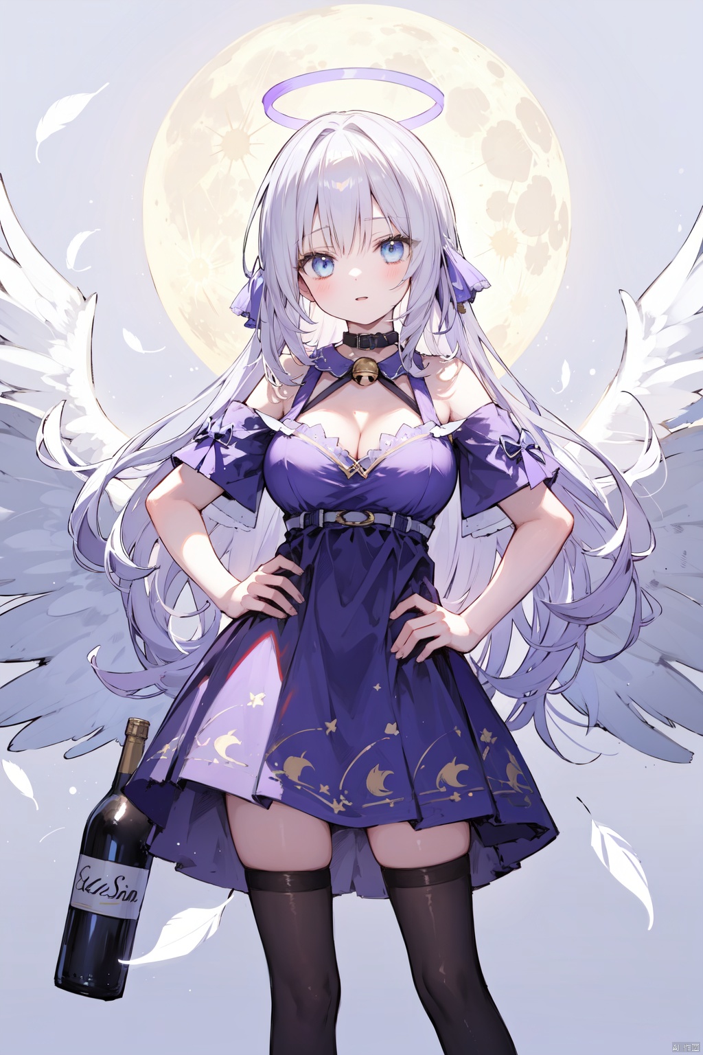  1girl, alcohol, angel, angel_wings, bell, black_legwear, blue_eyes, blue_wings, bottle, breasts, choker, cleavage, dress, feathered_wings, feathers, full_moon, halo, hand_on_hip, holding, holding_bottle, kishin_sagume, large_breasts, long_hair, looking_at_viewer, mini_wings, moon, multiple_wings, neck_bell, parted_lips, purple_dress, ribbon, silver_hair, single_wing, solo, thighhighs, very_long_hair, white_feathers, white_wings, wings