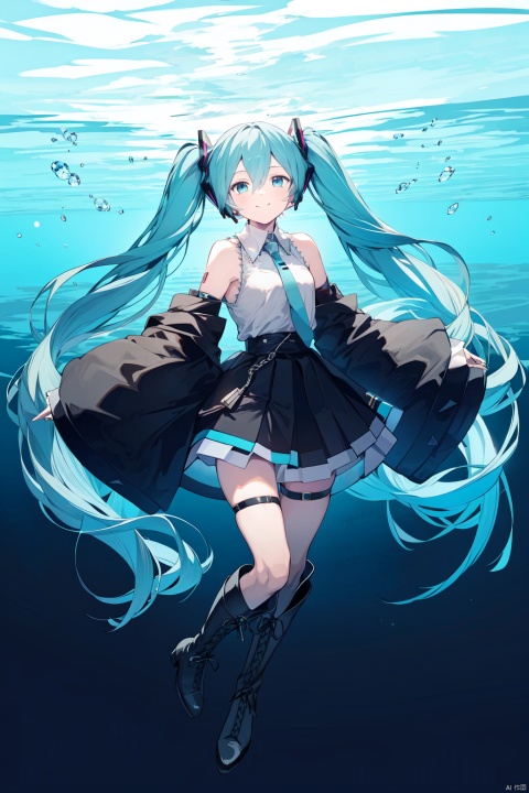 1girl, black_legwear, black_skirt, boots, detached_sleeves, floating_hair, hatsune_miku, long_hair, necktie, pleated_skirt, shirt, skirt, sleeveless, smile, solo, thigh_boots, thighhighs, twintails, very_long_hair