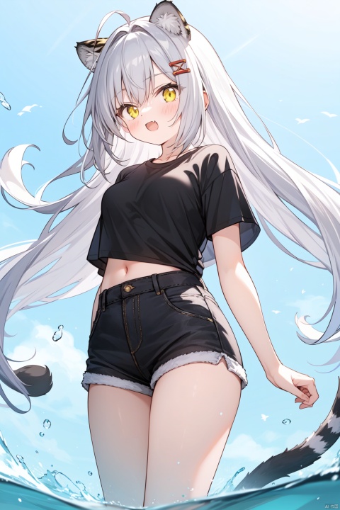 masterpiece,loli,petite,medium breast,(panorama:1.2),causticstail,disheveled hair, messy hair, long bangs, floating hair,highleg,{{short shorts}},solo,{an extremely delicate and beautiful}++++loose clothes,(black t-shirt:1.4)++,hairclip,++(animal print:1.2)++++Yellow eyes,white hair,tiger ears,fang out,{beautiful eyes},yellow jacket around waist,solo,cozy anime
