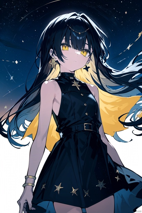 1girl, black_hair, breasts, dress, earrings, floating_hair, jewelry, long_hair, ribbon, saint_quartz_\(fate\), seashell, sleeveless, solo, star_\(symbol\), star_choker, star_earrings, star_hair_ornament, star_necklace, star_pasties, star_print, starfish, starry_background, starry_sky_print, very_long_hair, yellow_eyes