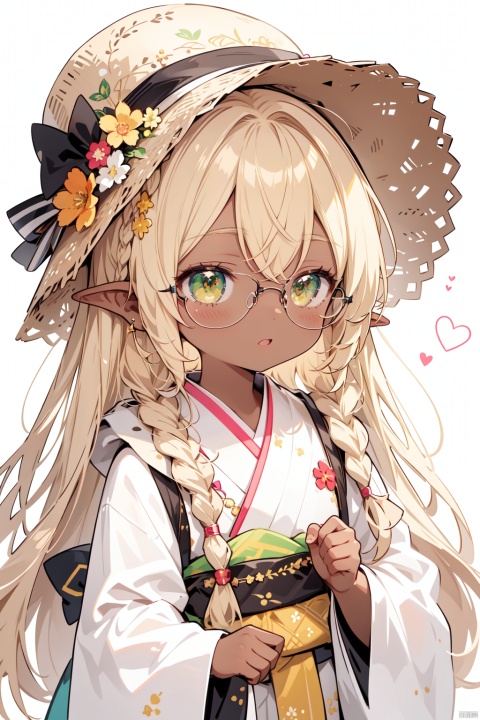 blonde_hair, v, brown_hair, 4girls, hat, dark_skin, open_mouth, dark-skinned_female, pointy_ears, long_hair, hair_ornament, kimono, braid, looking_at_viewer, green_eyes, yellow_eyes, glasses, closed_eyes