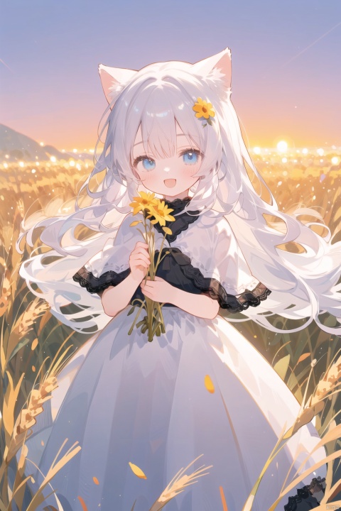  (drawn by Lynn Okamoto),center frame, sharp focus, (panorama, wide shot), best quality, masterpiece, extremely detailed, detailed background, (from above:1.2), 1girl, catgirl,solo,loli,blue eyes,white hair, closed one eye, smile, open mouth, skirt, long hair, wavy hair, on side, fluffy hair, , french , blush, smile, capelet, lace trim, bodice, sunset, long dress, dusk, scenery, gold sky, high place, horizon, wheat field, wheat ears, wind, wind blow, looking at viewer, (depth of field), bokeh, (holding a flower:1.3), (holding:1.2),(medium):0.5,
