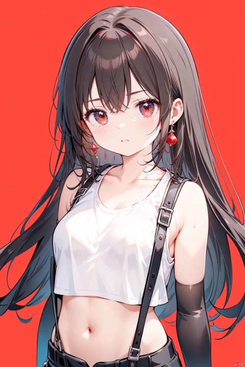 1girl, tifa_lockhart, gloves, solo, red_background, fingerless_gloves, crop_top, breasts, long_hair, suspenders, elbow_gloves, large_breasts, upper_body, black_hair, midriff, black_gloves, looking_at_viewer, tank_top, shirt, fighting_stance, red_eyes, bare_shoulders, simple_background, brown_eyes, navel, bangs, sports_bra, collarbone, clenched_hand, jewelry, earrings, white_shirt, clenched_hands, serious, taut_clothes