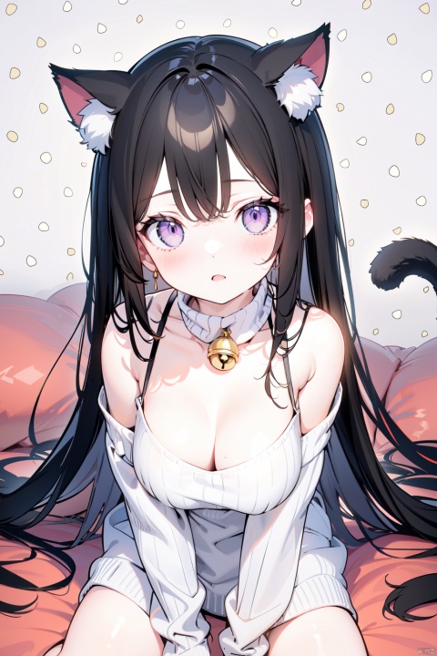 1girl, animal_ears, bare_shoulders, bell, black_hair, blush, breasts, cat_ears, cat_tail, cleavage, cleavage_cutout, clothing_cutout, dress, hand_on_own_cheek, hand_on_own_face, jingle_bell, large_breasts, long_hair, looking_at_viewer, lying, meme_attire, neck_bell, open-chest_sweater, polka_dot, polka_dot_background, purple_eyes, ribbed_sweater, solo, sweater, tail